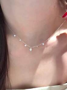 1 Piece Of Simple And Elegant S925 Sterling Silver Water Droplet Zirconia Pendant Necklace, Light Collarbone Chain, Versatile For Commuting, Gift Giving - 銀色 - 查看 5