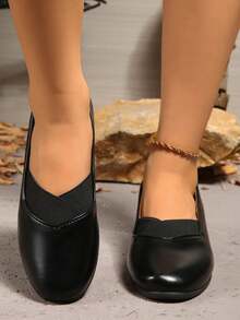 1 Pair Women's Comfortable Wedge Heel Flats, Versatile Simple Design Slip-On Round Toe Casual Shoes, Suitable For Spring & Autumn, Plus Size - Black - View 1