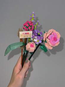 1 Box Miniature Building Blocks Artificial Flowers Bundle Diy Unique Decor For Home, Plant Series, Suitable As Home Decoration, Girlfriend's Gift, Mother's Day Gift, Birthday Gift, Toy, Lavender And Pink Rose Room Decoration