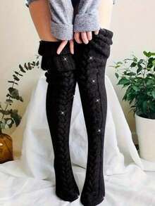 一双女士过膝长袜，过膝针织靴袜套装，保暖时尚的冬季保暖腿部装备，纯色过膝针织条纹扭纹图案袜，圣诞服装，保暖配饰，Y2K风格，舒适 - 彩色 - 查看 7