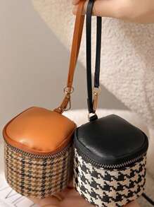 Houndstooth Soft Leather Earphone Pouch Mini Chic Zipper Coin Purse Bucket Lipstick Makeup Bag Multi-Function Handheld Small Bag - Multicolor - View 2