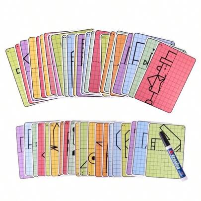 20 Symmetric Pattern Grid Drawings, Reusable, 10 Double-Sided Grid Sheets With Different Patterns, Symmetric Grid Erasable Drawing Set, Cute Cartoon Grid Drawing Graphics, Suitable For Pencil Control Training, Home And School Use, School Gifts, Holiday Gifts, Back To School