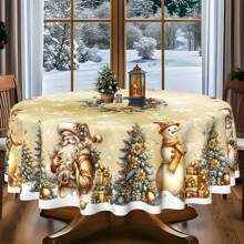 1 pieza Mantel de poliéster con tema navideño, diámetro redondo de 145cm (57.08 pulgadas), rectangular de 140x180cm (55.11 pulgadas x 70.87 pulgadas), mantel redondo de poliéster dorado con diseño de muñeco de nieve, Papá Noel y árbol de Navidad dorado, mantel para mesa de comedor, decoración navideña, decoración para reuniones y fiestas navideñas en el hogar.