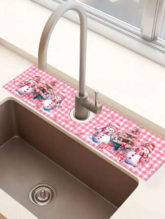 10x38cm Christmas Eucalyptus Theme Draining Mat, Vintage Style Christmas Pink Snowman House & Snowy Landscape Design Sink Mat, Suitable For Christmas Kitchen Sink Decor, Christmas Home Decoration Accessory.