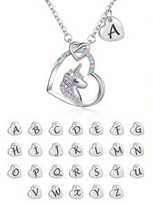1pc Cute Popular English Initial Letter A-Z Heart Shaped Unicorn Necklace For Girls Birthday Gift For Dating And Daily Life - Silver - View 1