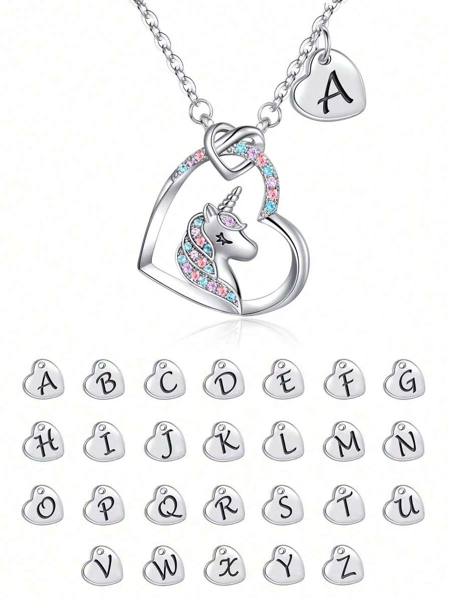 1pc Cute Popular English Initial Letter A-Z Heart Shaped Unicorn Necklace For Girls Birthday Gift For Dating And Daily Life - Silver - View 1