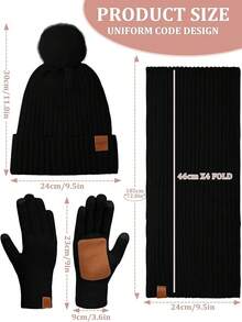 Halloween Decor Winter Beanie Hat Scarf Gloves Set, Fleece Lined Beanie Pom Long Scarf Neck Warmer Touchscreen Gloves Women Men - 黑色 - 查看 3