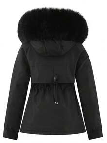 Women's Thicken Thermal Lined Parka Winter Warm Coat Adjustable Waist Rope Hooded Zip-Up Jacket With 2 Pockets 2 Fake Pockets,Skiing - Black - View 2