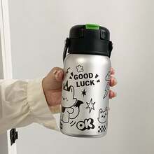 1 pezzo Bottiglia d'acqua isolata in acciaio inossidabile con manico in silicone con stampa 3D carina, grande capacità