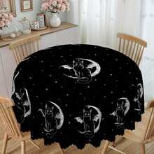 1pc Halloween Tablecloth - Black & White Ghost Hand, Cat, Moon, Skull Pattern - Wrinkle-Resistant Polyester Rectangular/Round Tablecloth, Suitable For Indoor/Outdoor Theme Parties, Holiday Dinners, Home Decor, Machine Washable, Easy Care, Perfect For Holiday Atmosphere Lovers