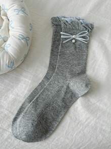 1双夏季薄款甜美珍珠纯色蝴蝶结袖口女士袜子 - 彩色 - 查看 5