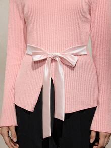 Damen elegantes T-Shirt mit rundem Ausschnitt, gerippter Optik, Schleifenvorderseite und asymmetrischem Saum, Weite Ärmel, Herbst