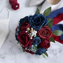 Dusty Blue Wedding Bouquets For Bride Bridesmaid, White Wedding Artificial Roses Flowers For Wedding Bouquets Ceremony, Anniversary - Burgundy & Navy Blue - View 2