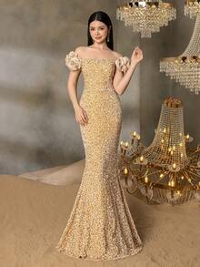 Alisa&Leo Teen Girls' Sequin Off-Shoulder Evening Dress With Ruffled Tulle Sleeves - Elegant Fish-Tail Formal Dress For Spring Summer | Graduate Parties, Coming Of Age Ceremony - Champagne - View 1