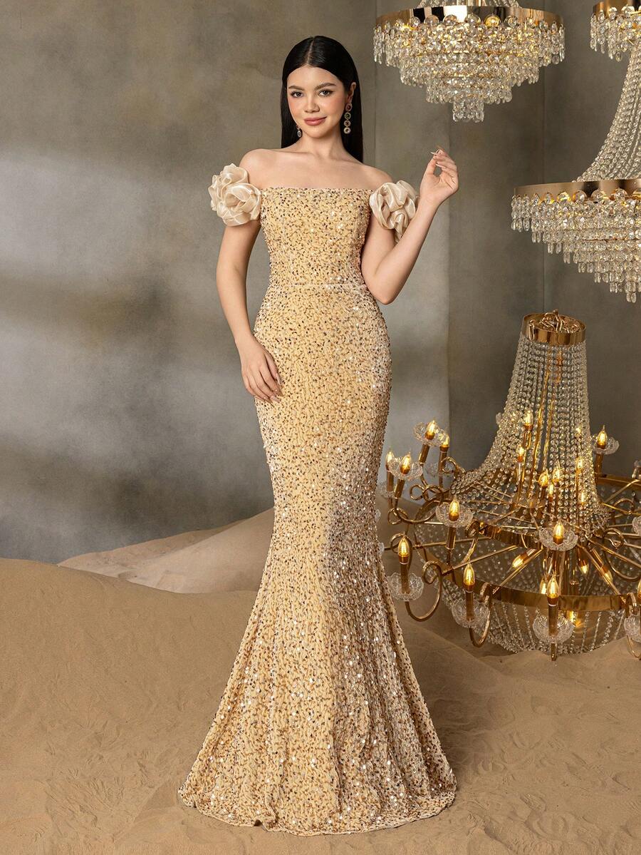 Alisa&Leo Teen Girls' Sequin Off-Shoulder Evening Dress With Ruffled Tulle Sleeves - Elegant Fish-Tail Formal Dress For Spring Summer | Graduate Parties, Coming Of Age Ceremony - Champagne - View 1