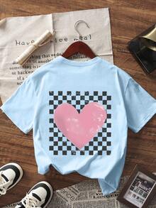 1件少女爱心印花短袖T恤，舒适时尚的夏季上衣，适合年轻学生 - 藍色 - 查看 3