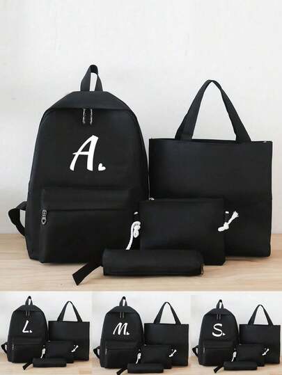 4 件套字母印花女式休闲背包套装时尚背包大容量单肩包便携铅笔袋零钱包旅行背包适合大学生少女大一大二初中和高中学生大学和高中非常适合户外旅行和返校后期印花