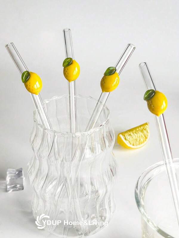 1/2/4/6/8 pièces Pailles en verre réutilisables avec charms citrons mignons, pour tasses à eau, pailles à boire claires et incurvées, pour boissons froides, lait, thé, café, jus, smoothies, cuisines, restaurants, fêtes de cocktails, retour à l'école, cadeaux pour petites amies/petits amis, parents, amis, fournitures pour les fêtes, Halloween, Thanksgiving et Noël