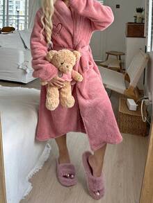 1pc Women Plush Fluffy Robe, Minimalist Elegant, Warm & Comfortable For Autumn/Winter, Fall, Cozy Outfit - Dusty Pink - View 2