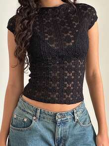 Women's Sheer Lace Tops Summer Cap Sleeve Scoop Neck Solid Color T-Shirts Blouses