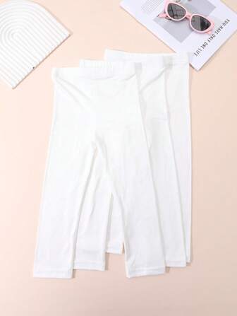 3 Pairs Girls' Solid Color Basic Ankle Length Leggings, Suitable For All Seasons