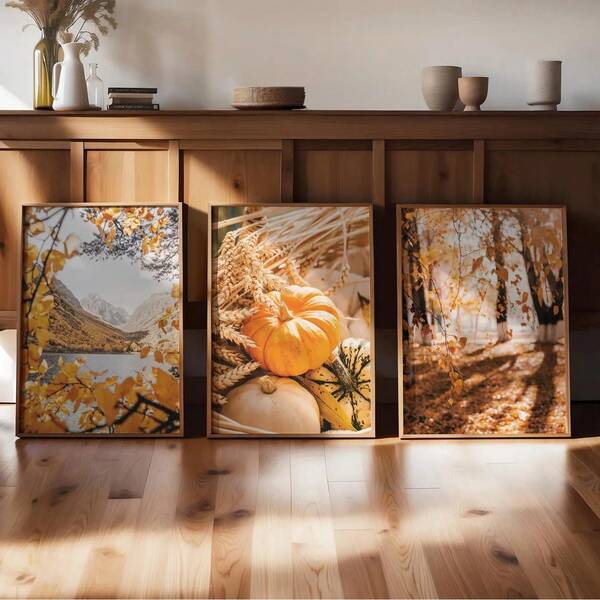 1/3PCSFall In The Forest Print Set, Pumpkin Gourds Poster, Mountain Autumn Lake Scenery, Set Of 3 Prints, Rustic Nature Decor, Fall Photography 3 Home Decor Halloween Decor Room Decor Halloween