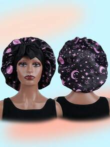 1顶缎面蝴蝶结睡帽，纯色弹力带，轻盈透气，适合女性和女孩，黑色 - 星星月亮紫色 - 查看 5