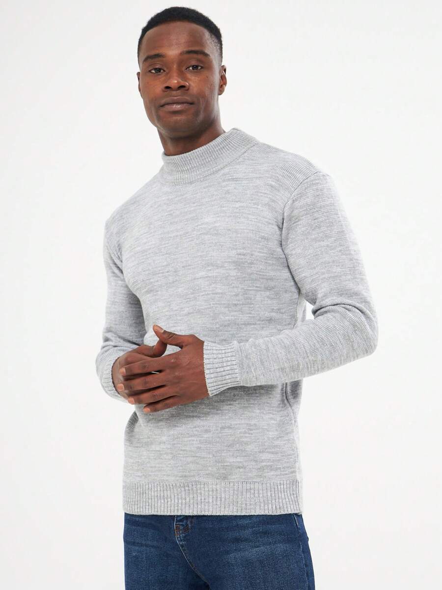 Herren hellmelierter einfarbiger gestrickter Rundhals Pullover - Grau - Übersicht 1
