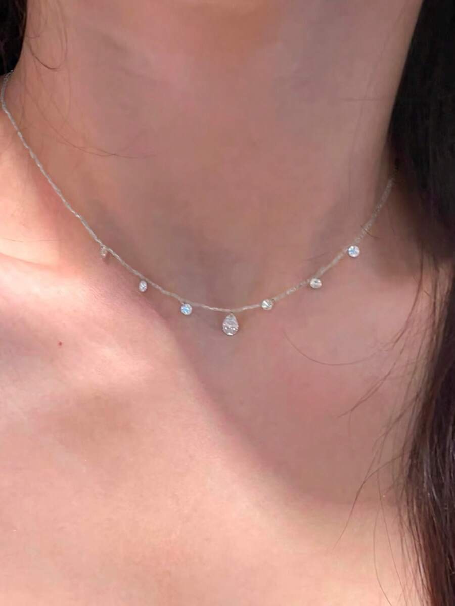 1 Piece Of Simple And Elegant S925 Sterling Silver Water Droplet Zirconia Pendant Necklace, Light Collarbone Chain, Versatile For Commuting, Gift Giving - 銀色 - 查看 1