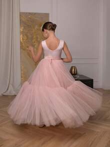 少女粉色薄纱优雅派对礼服，可拆卸公主礼服，适合女孩的生日派对、宴会、婚礼、花童、伴娘、舞会、选美 - 粉色 - 查看 4