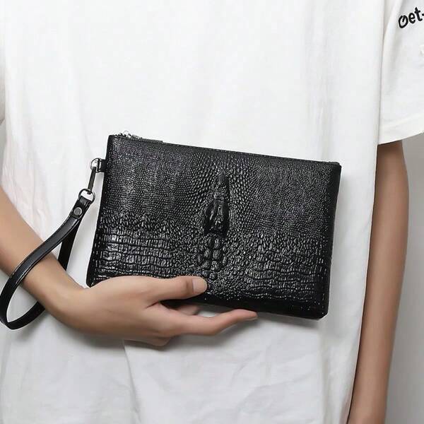 New Black PU Leather Embossed Crocodile Pattern Men's Handbag Large Capacity Casual Men's Bag Handheld Bag Letter Envelope Multi Card Position Wallet, Bag Structure Main Bag Zipper Opening, Inside Main Bag Card Position, Insert Bag, Zipper Concealed Bag. The Size Is 24cm * 16cm * 2cm.