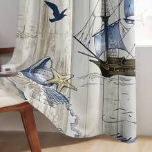 2PCS Antique Marine Theme T Curtain Panels-2pcs Marine Sailboat, Seagull, Lighthouse And Compass Printed On Wood Grain Background-Rod Pocket Polyester Curtain For Living Room, Bedroom, Kitchen-Machine Washable - Multicolor - View 5