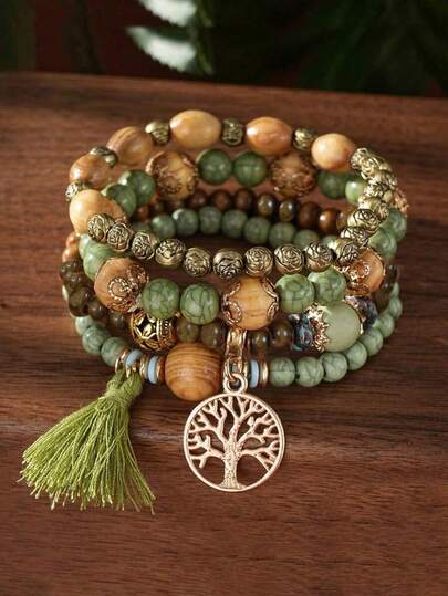 4pcs Bohemian Style Bracelet Set With Wooden Beads, Glass Beads, Tassels, Tree Of Life And Butterfly Charms, Suitable For Daily Wear