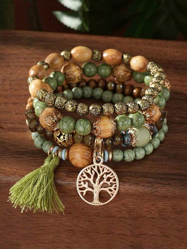 Set di 4 braccialetti in stile bohémien con perline di legno, perline di vetro, nappe, ciondoli con albero della vita e farfalla, adatto per l'uso quotidiano