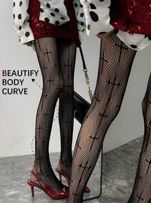 1 Pair Of Punk Style Black Cross Pattern Fishnet Socks, Ladies' Hollow Pantyhose, Gothic Sexy Perspective High Waist Stockings. - Black - View 6