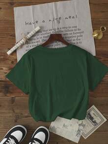 Áo thun nữ tay ngắn cổ tròn dáng thường ngày, in khẩu hiệu, thích hợp cho mùa hè. - Màu xanh lá cây đậm - Xem 2