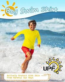 Boys Rash Guard Swim Shirt, UPF 50+ Long Sleeve Youth, Rashguard Surf Sports Shirts - 黃色 - 查看 6