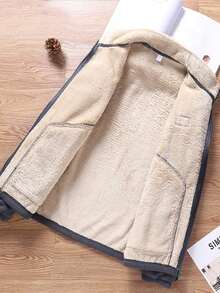 Men Patched Detail Teddy Lined Fleece Jacket, Men's Jackets Casual, Grey Jacket, Men Winter Clothes, Men Jackets And Coats With Thermal Lined For Outdoor, Plush And Thickened Jackets,Men Winter Clothes,With Pockets, Suitable For Boyfriend/Husband Everyday Wear, Autumn/Winter - 灰色 - 查看 3