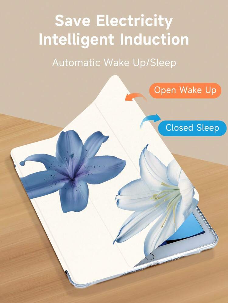 蓝白百合花纹平板电脑保护套，兼容 iPad 9.7/10.2/10.5/10.9/12.9/Pro 11（第十代）、Galaxy Tab S6 Lite 10.4、Kindle Paperwhite（第十二代，2024 年）、Kindle（第十一代，2022 年），柔软防震，带智能支架/自动唤醒/睡眠功能 - 彩色 - 查看 4