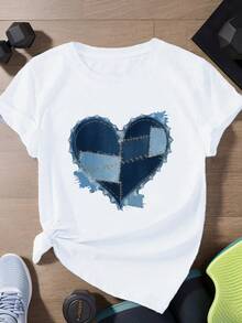 Heart Shaped Denim Pattern Women's Plus Size Sports Short Sleeve T-Shirt - A-3 - View 7