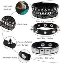 Eigso 3 Pcs Leather Punk Bracelets Men Women Of Rock Rivet Wrap Retro Spike Bracelet Adjustable - Black-2 - View 7
