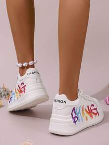 (Thick-Soled White Shoes) Women's Casual Sports, Low-Top 4D Printed 5.5 Cm Thick-Soled Heightened Wedge-Heeled Thick-Soled Sports Shoes, Four-Season Student Shoes, Outdoor Sports Running Shoes, Lace-Up Lightweight Women's Sports Shoes - 米色 - 查看 6