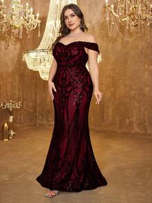 UNITHORSE Plus Size Women Off Shoulder Backless Dress, Glitter Sequins Decoration, Elegant Evening Party Dress, Bride Dress, Birthday Outfits, Graduation Dress, Formal Dress, Fall Women Clothes - 酒紅色 - 查看 6