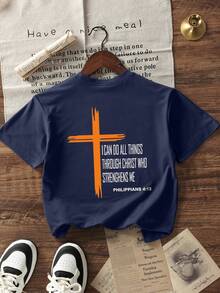 Boys & Teens Students Casual Printed Round Neck Short Sleeve T-Shirt, Summer Top