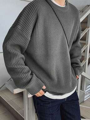 Men's Casual Versatile Solid Color Jacquard Crew Neck Long Sleeve Sweater, Autumn/Winter