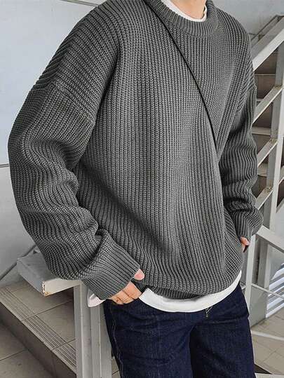 Men's Casual Versatile Solid Color Jacquard Crew Neck Long Sleeve Sweater, Autumn/Winter