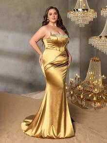 Faeriesty Curve Plus Strapless Mermaid Evening Gown With Rhinestone-Embellished Bodice, Slender Waist Fit, Floor-Length Fish-Tail Skirt & Dramatic Side Slit – Luxe Formal Design | Perfect For Weddings, Galas, Red-Carpet Events, And Formal Dinners