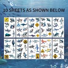 10 件鲨鱼临时纹身，可爱鲨鱼贴纸，夏日派对化妆套装，儿童礼物，防水且易于去除 - 藍色 - 查看 2
