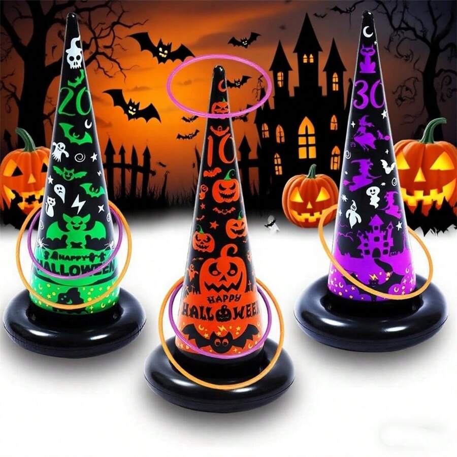 1 Hat + 4 Rings Halloween Party Game Toys, Inflatable Witch Hat, Hat Toss Ring Toss Game, Halloween Gag Toys