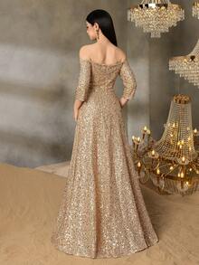 Alisa&Leo Teen Off-Shoulder Sequin Evening Gown With Three-Quarter Sleeves & Flowy A-Line Silhouette | Sparkling Formal Dress For Gala Dinners, Red Carpet Events, Graduation Balls, Black-Tie Weddings, And Award Ceremonies - 香檳色 - 查看 2